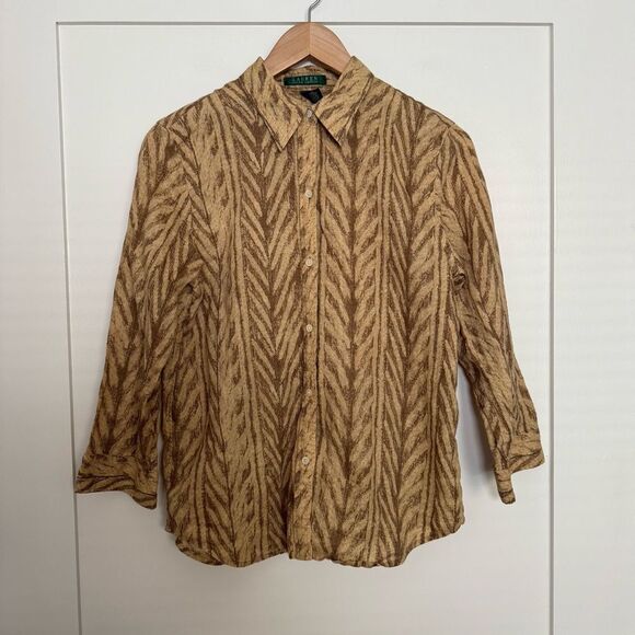Lauren Ralph Lauren Tops - Lauren Ralph Lauren Linen Shirt Womens Sz M Tan Chevron Button Up Preppy Career